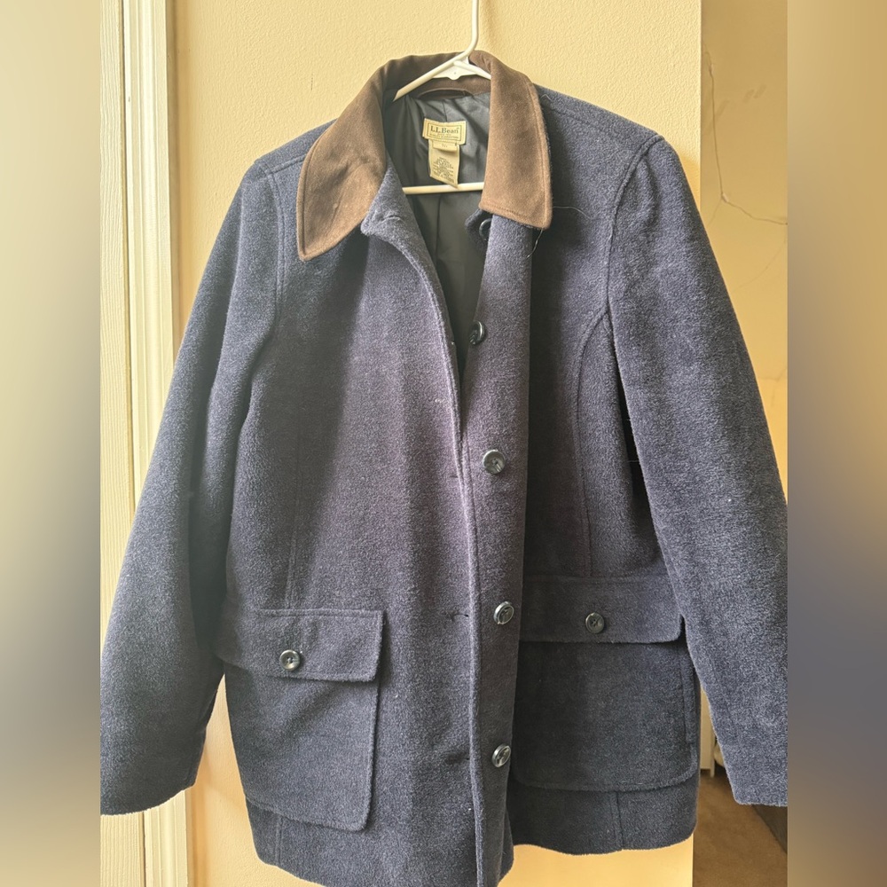 L.L. Bean Women's Navy Chore|Barn Jacket with Faux Suede Brown Collar